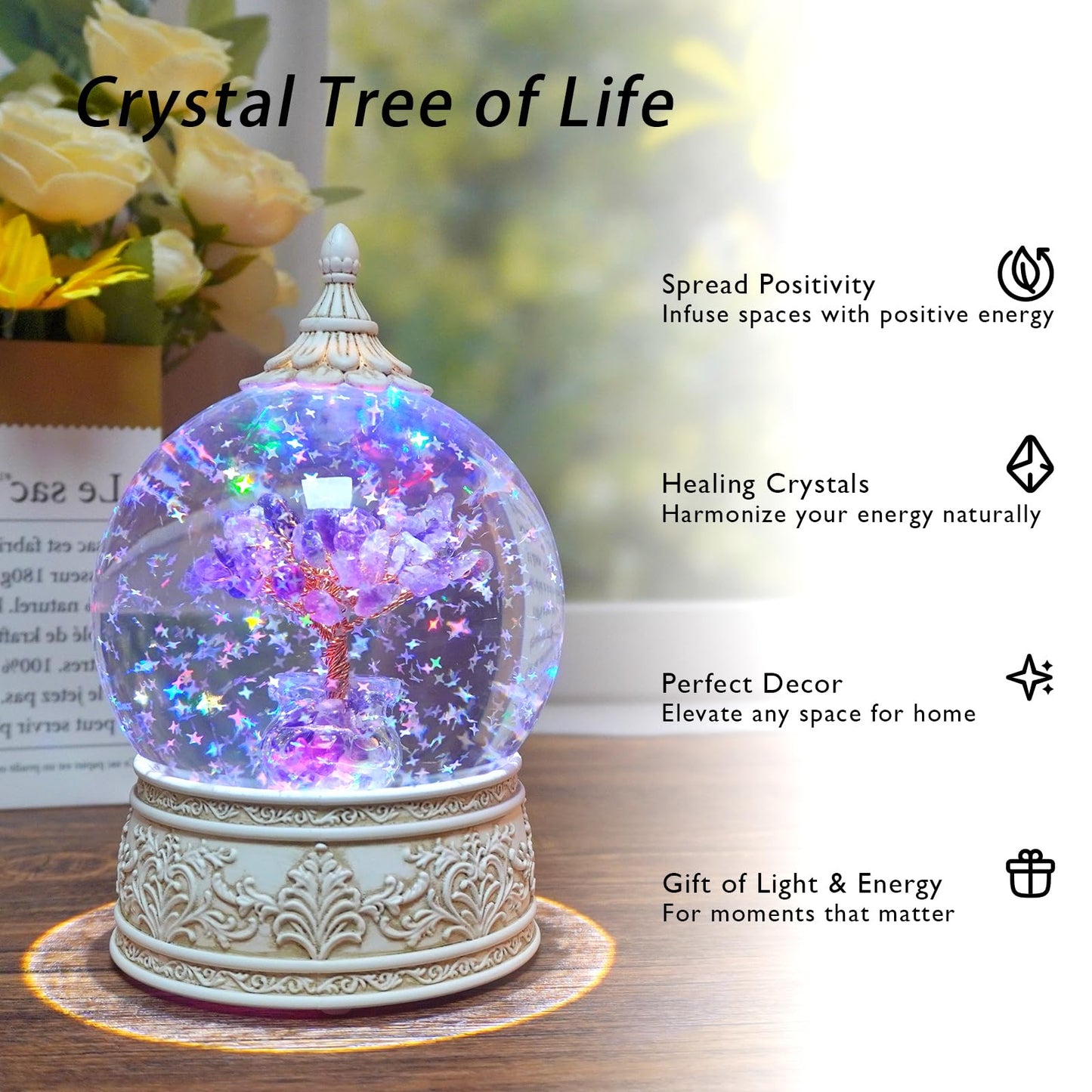 Amethyst Healing Crystal Tree Globe with Colorful Lights and Sparkling Glitter, Natural Gemstone Base, Spiritual Meditation, Positive Energy Good Luck, Home Decor, Birthday Gifts (Amethyst)