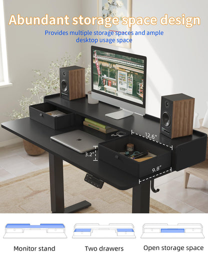 YIHAYO Electric Standing Desk with Drawers, 40 x 24 Inches Adjustable Desk with Storage Shelf, Stand Up Desk with Splice Board, Computer Desk for Home Office, Black Frame/Black Top