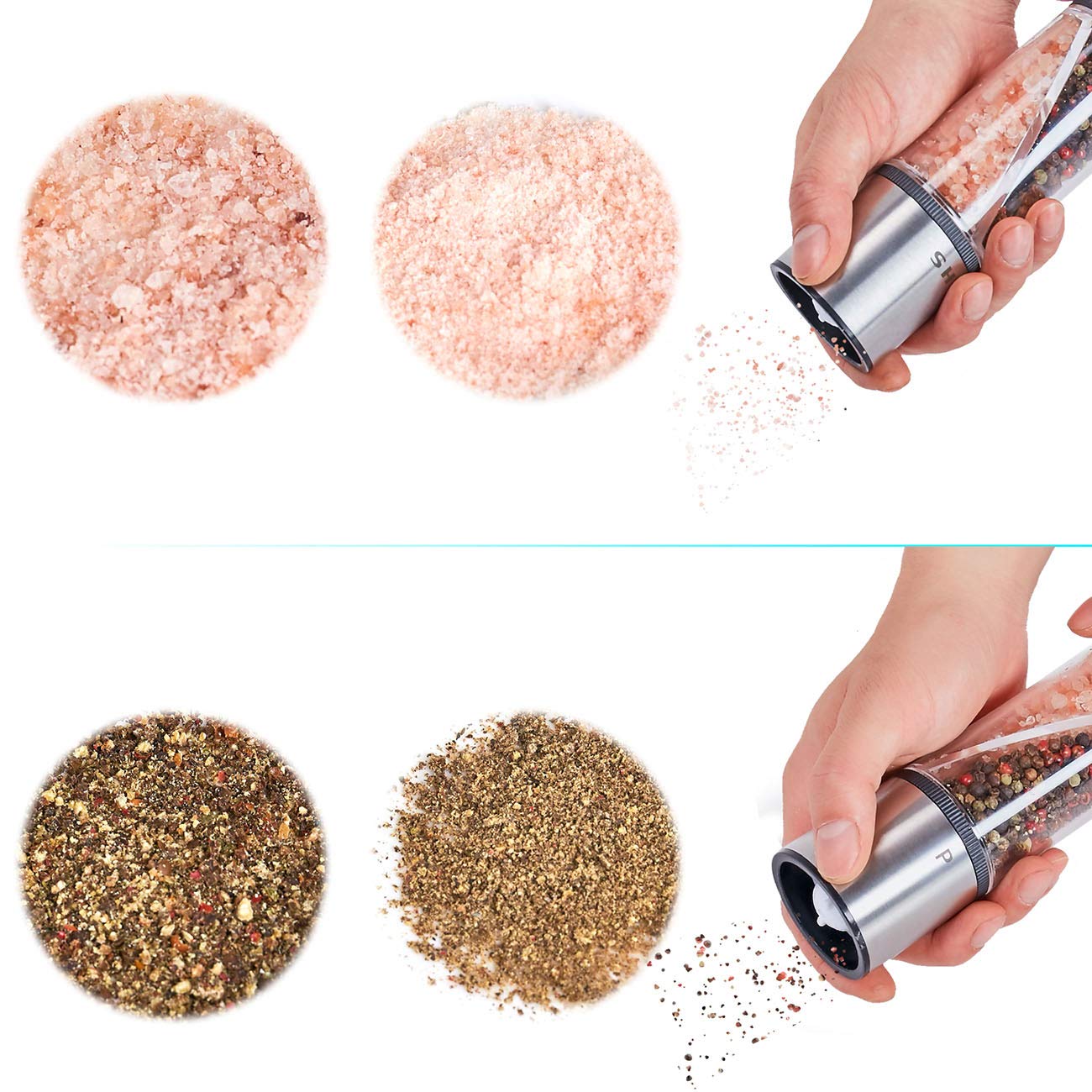 LHS 2 in 1 Salt and Pepper Grinder, Clear Acrylic Salt Grinders and Pepper Mill with Adjustable Coarseness Ceramic Rotor, Black