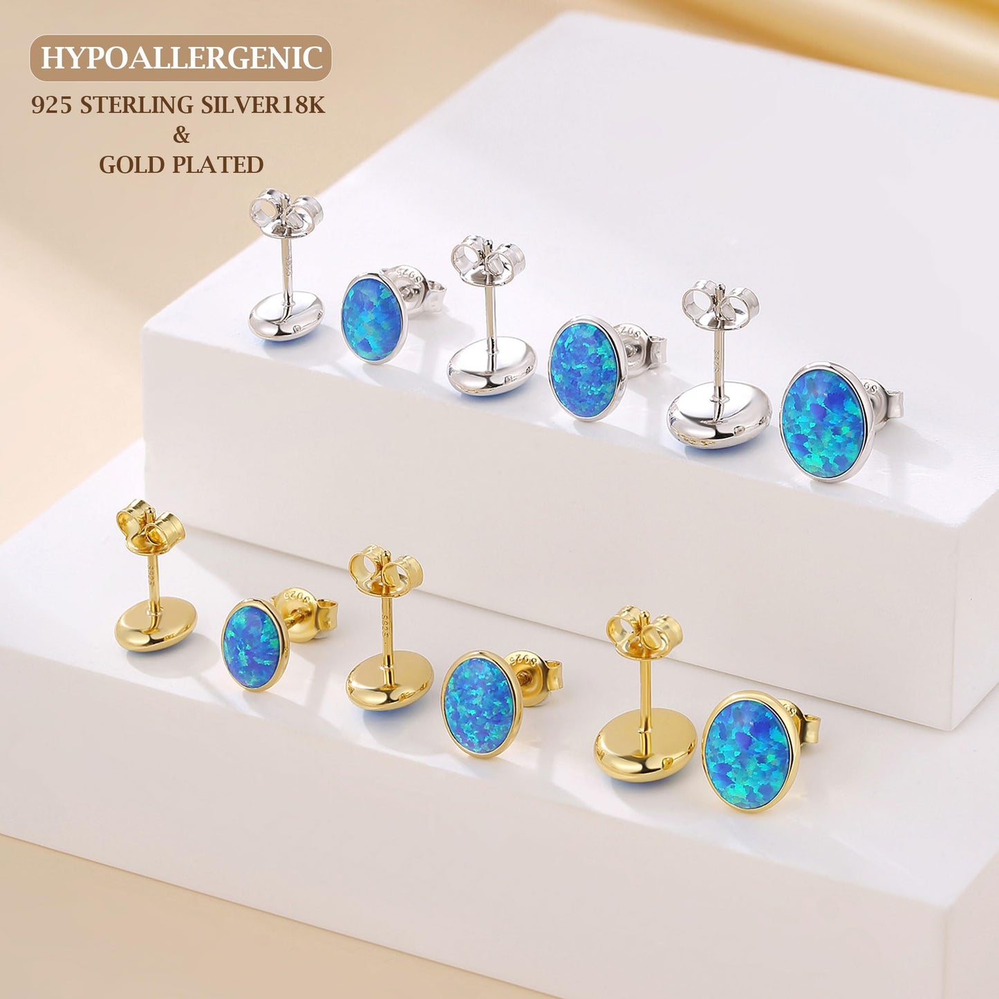 JiayangJY Silver Blue Fire Opal Stud Earrings for Women 18K Yellow Gold Plated Sterling Silver Oval Shape 5mm Opal Earrings with Push Back