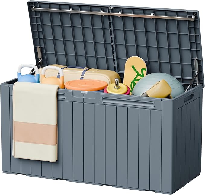 Greesum 110 Gallon Outdoor Storage Box with Lockable Lid, All-Weather Solution for Patio Furniture, Pool Supplies & Garden Tools, Waterproof, UV-Resistant Large Deck Box, Gray