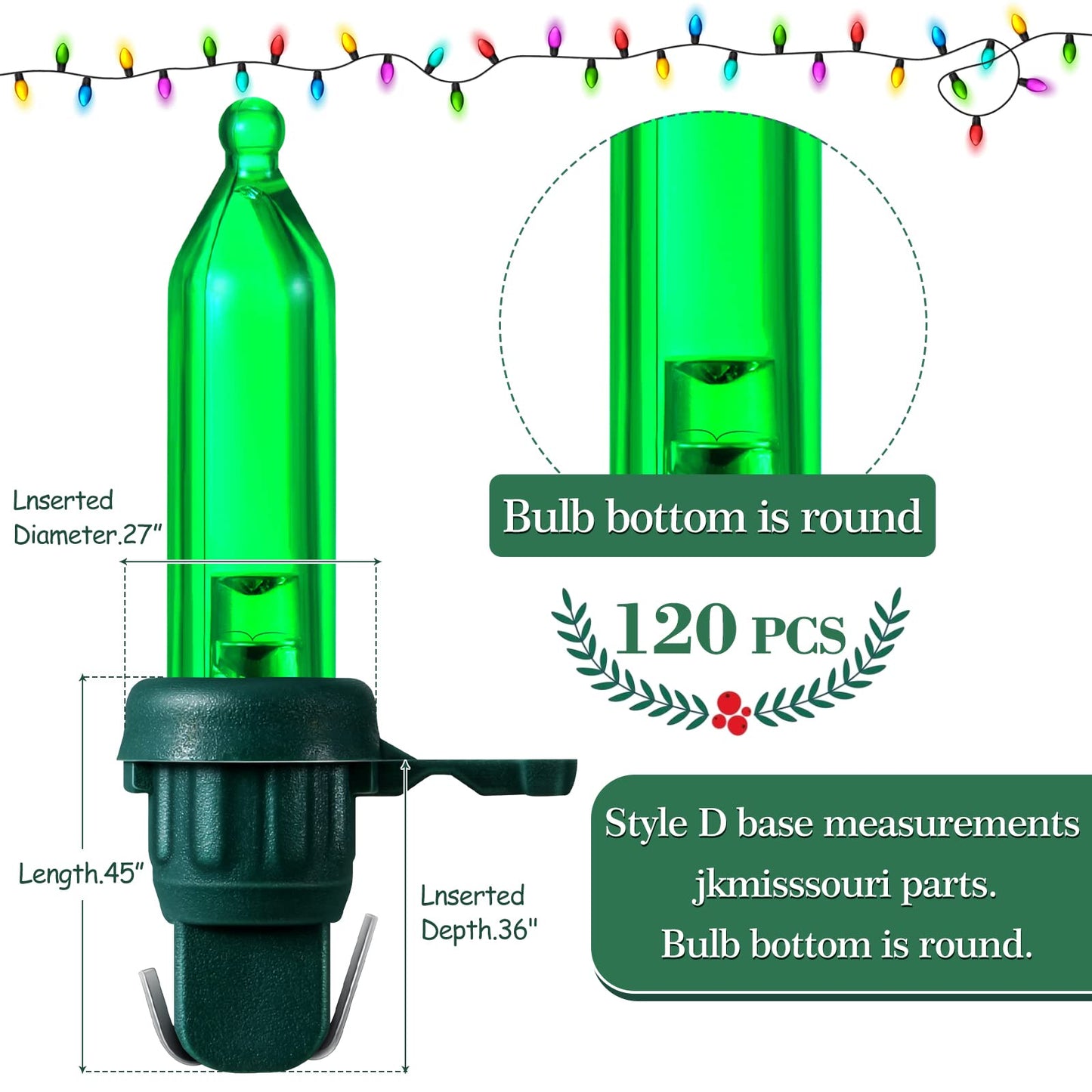 Remagr 120 Pcs Christmas LED Replacement Bulb Mini Wide Angle LED Xmas Bulbs Tree Light Outdoor String Light Replacement for Christmas Garden Party Decor(Green Base with Green Bulb)