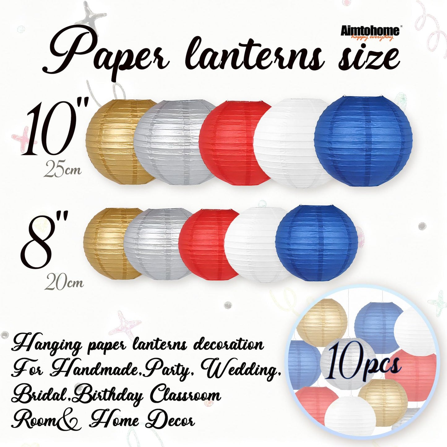 AimtoHome Paper Lanterns Set (10 Pcs)- 8/10 Inch Royal Blue, Red, White, Gold & Silver Round Hanging Paper Lanterns for Wedding, Birthday, Patriotic Holiday, Party Decor, Baby Showers & Home Accents