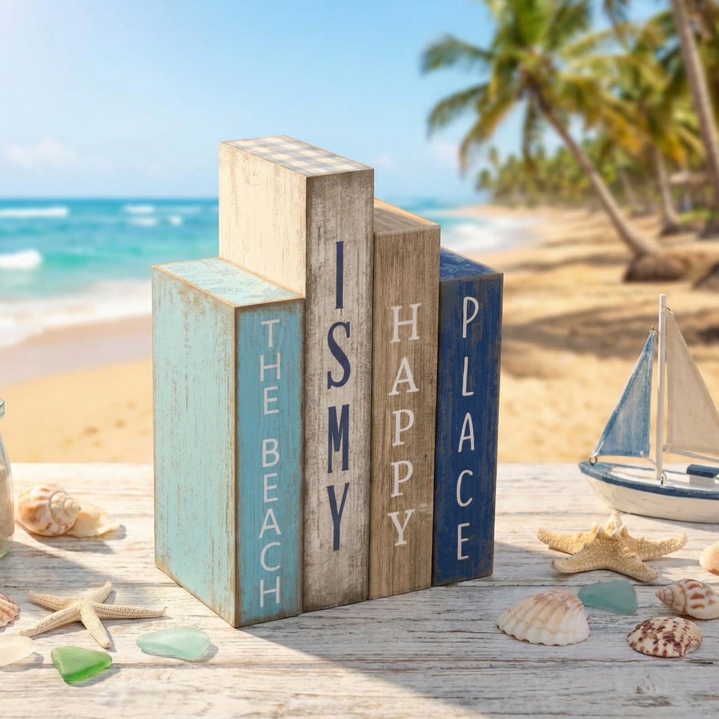 Lineshading 4 Pcs Summer Table Decoration Wooden Book Coastal Beach Decoration Blue and White Summer Tiered Tray Decor Wood Book Signs Farmhouse for Ocean Party Home Shelf Coffee Table