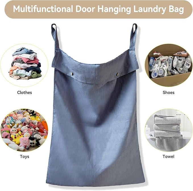 100% Linen Hanging Laundry Hamper Bag 20x27 Inch, Over the Door