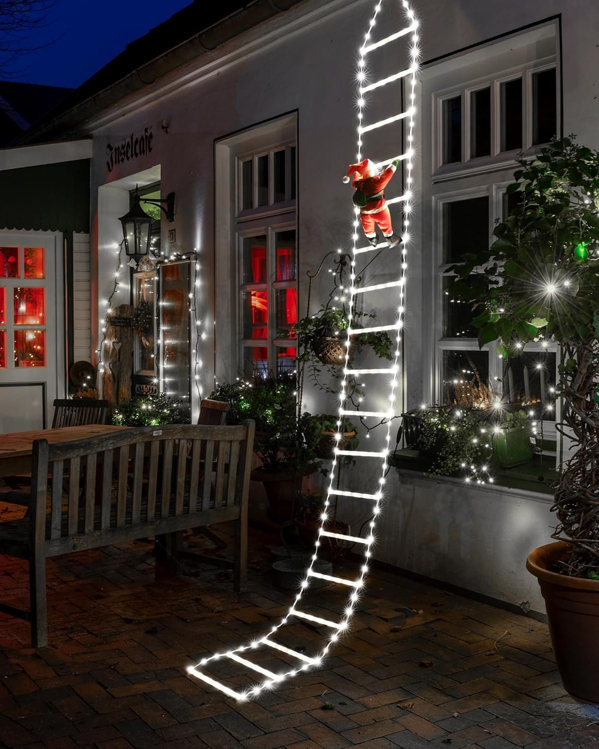 Christmas Decorations LED Ladder Lights with Climbing Santa Claus, 10ft Outdoor Christmas Decorative Light - 8 Modes Xmas Lights Tree for Home Holiday Wall Window Xmas Decor (Cool White)