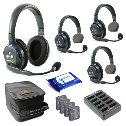 Eartec UL4S Ultralite Full Duplex Wireless Headset Communication for 4 Users - 4 Single Ear Headsets with SolidSignal Cleaning Wipes Bundle