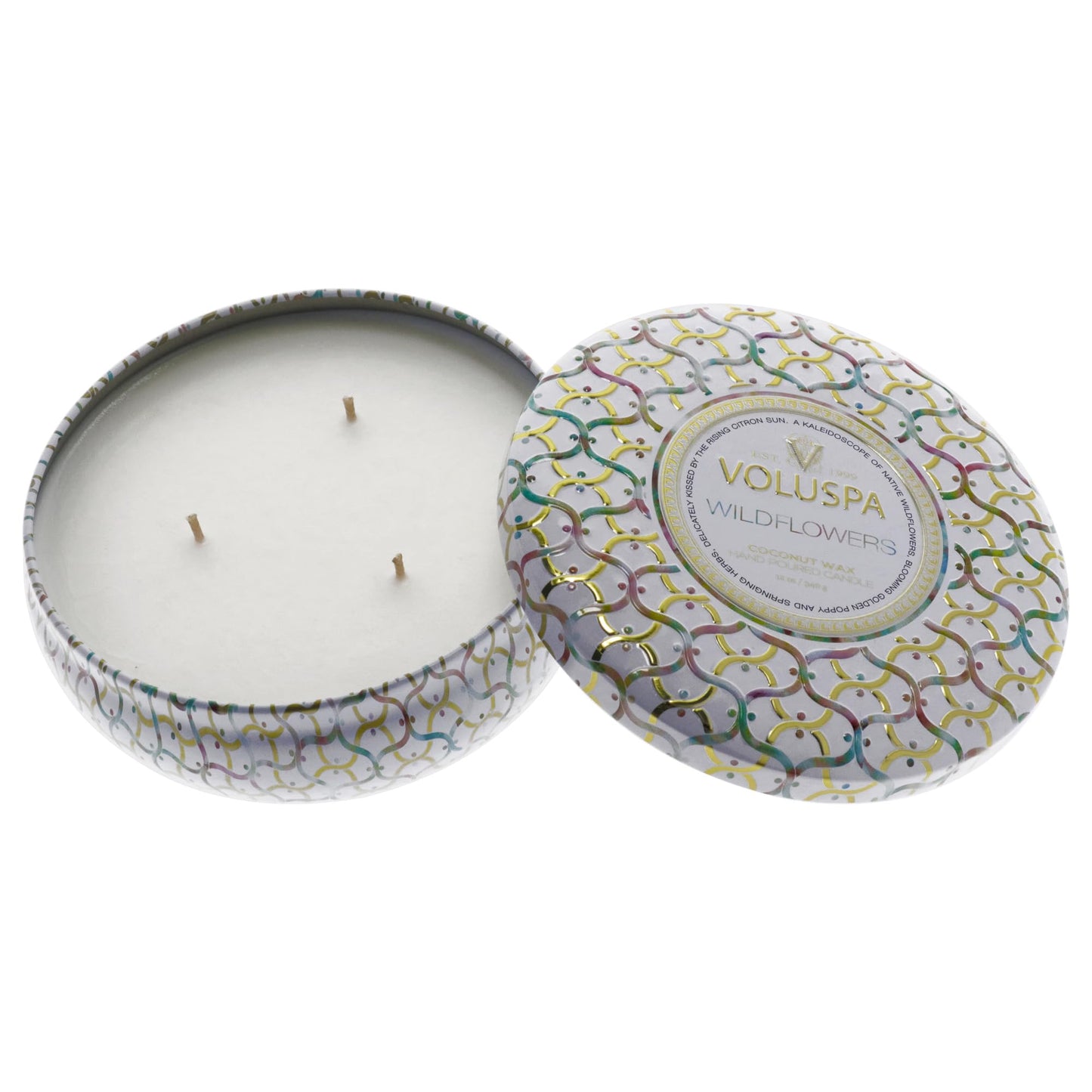 Voluspa Wildflowers, 3 Wick Tin Candle, 12 oz, 40 Hour Burn Time, All Natural Wicks and Coconut Wax for Clean Burning, Vegan, Poured in the USA