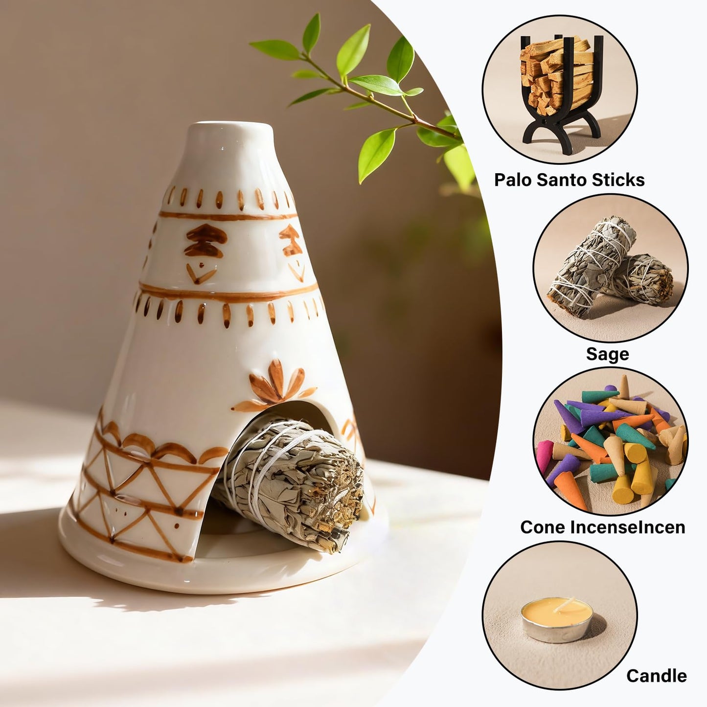 MOUGIGI Handcrafted Palo Santo Holder Ceramic Chimney Incense Burner - Tent Shape - Safe for Palo Santo Sticks Sage & Incense Cones for Meditation Yoga Zen Altar Aromatherapy - Thoughtful Gift Idea