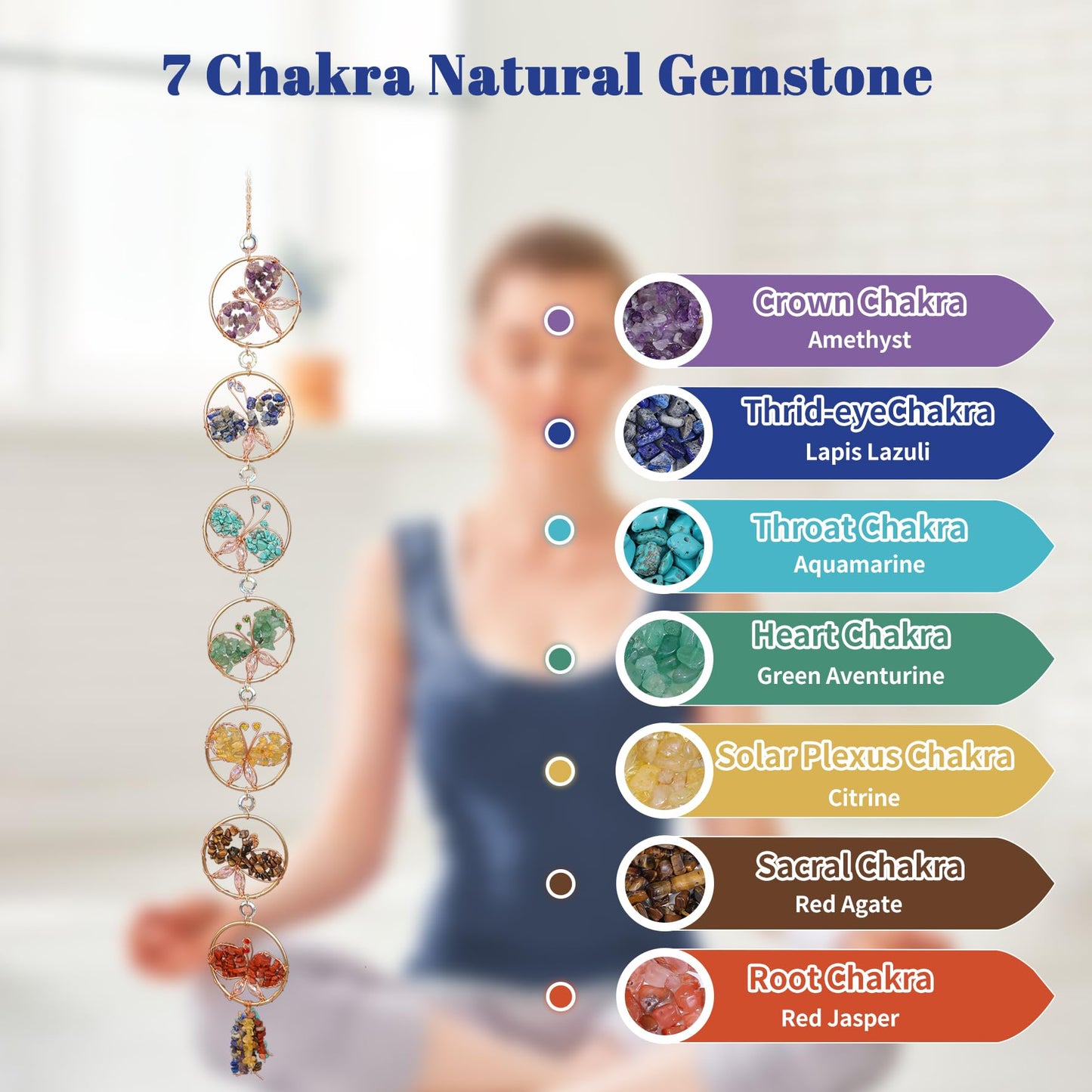 7 Chakra Healing Crystals Hanging Ornament，Handmade Butterfly Natrual Chakra Stones Gemstones Wall Hanging Ornaments for Home Decor Yoga Meditation(7 Chakra Butterfly)