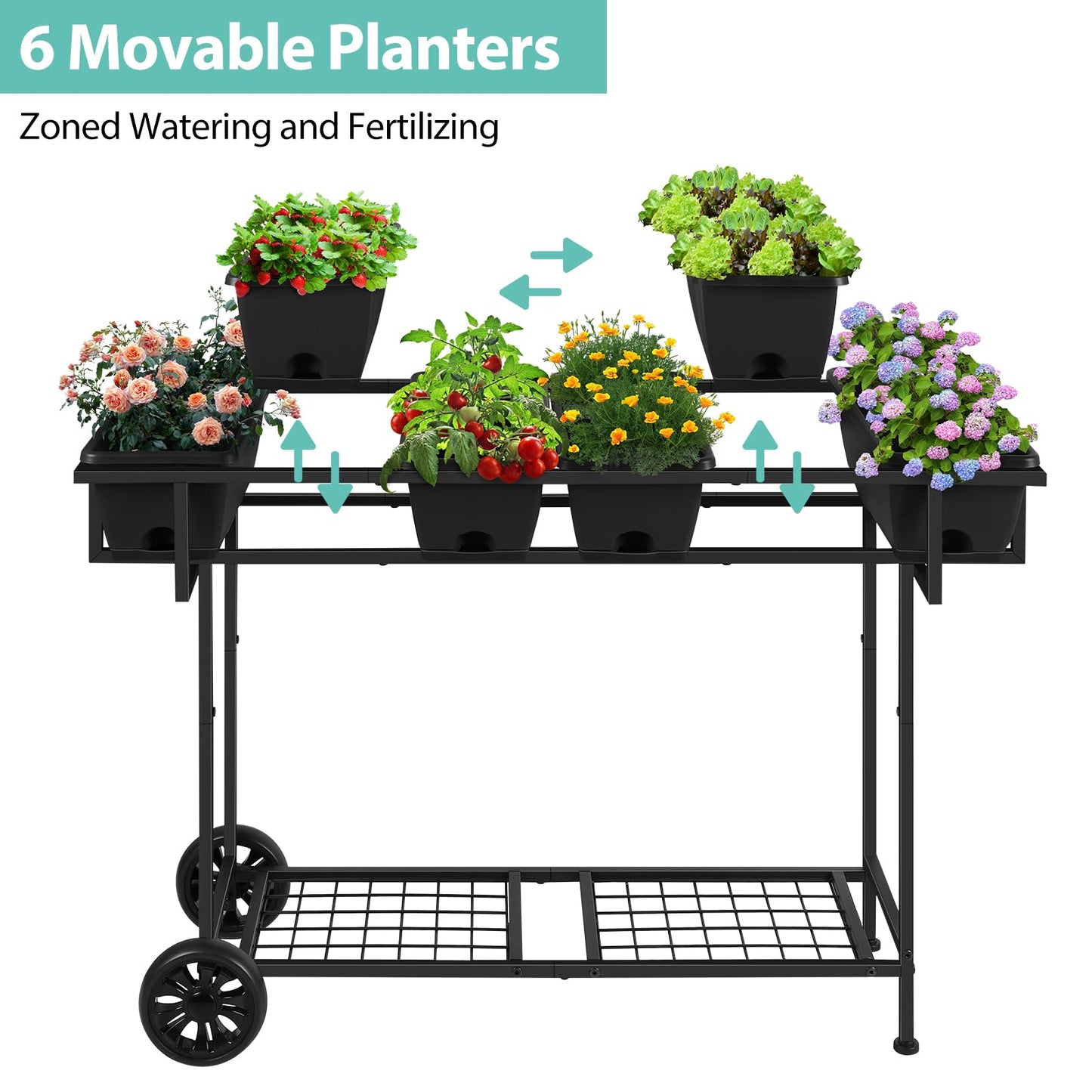 YBING Raised Garden Bed Outdoor with Wheels 42x17x29in Elevated Planter Box with Legs and Storage Shelf 6 Pocket Herb Garden Planter for Balcony Patio Deck Black