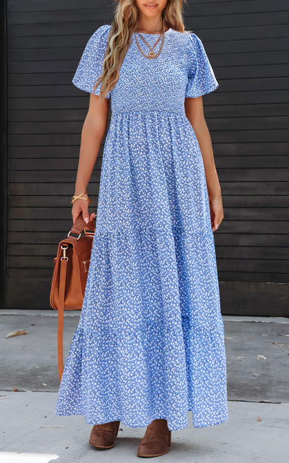 PRETTYGARDEN Women's 2025 Summer Casual Flutter Short Sleeve Boho Floral Maxi Dress Crew Neck Smocked Tiered Long Dresses