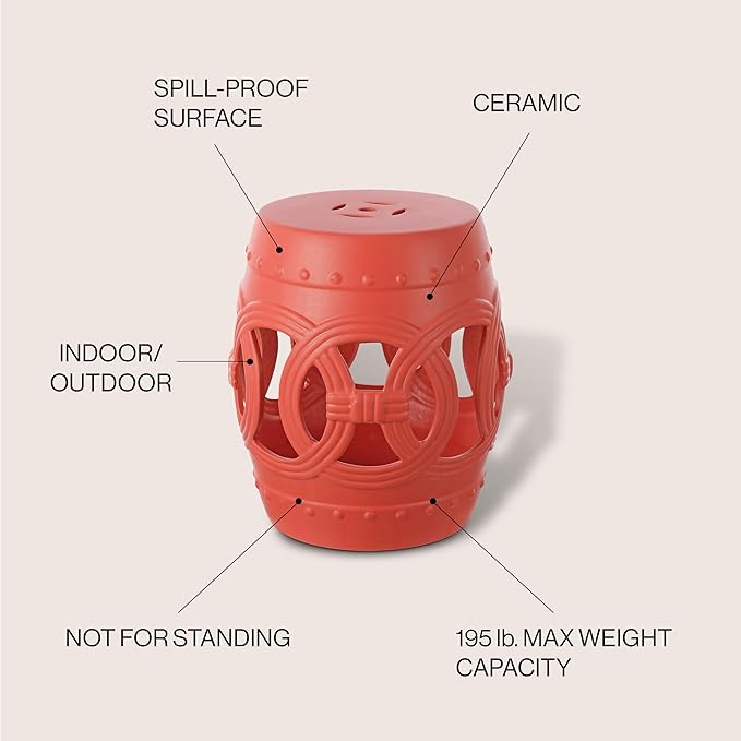 JONATHAN Y TBL1022G Lucky Coins 16" Chinese Ceramic Drum Indoor/Outdoor Garden Stool Bohemian, Coastal, Cottage, French Country, Traditional, for Living Room, Garden Room, Patio, Matte Coral
