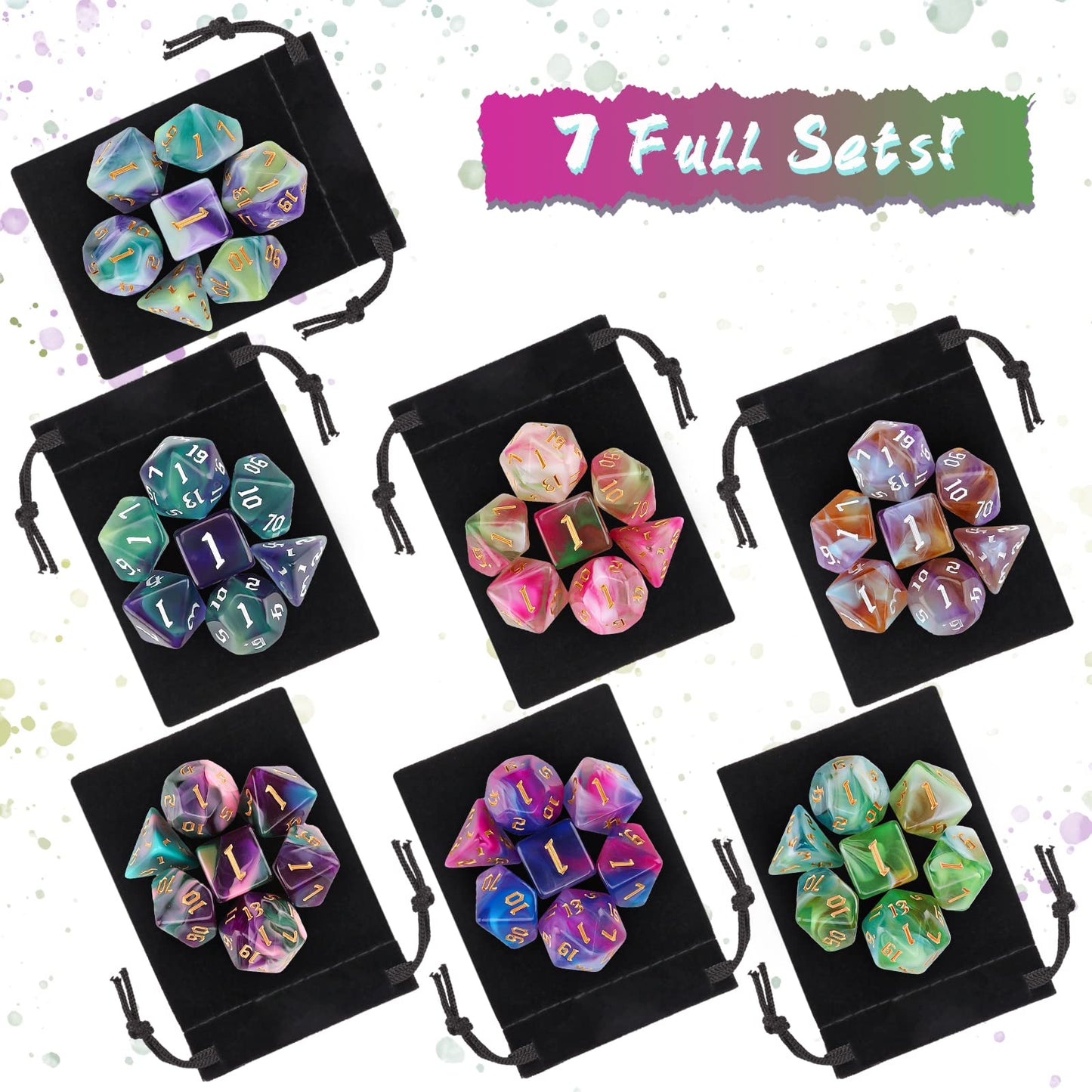 Surhugvy DND Dice Set, 7 X 7 (49 Pieces) Polyhedral Dice Set for Dungeons and Dragons DND RPG MTG Table Games with 7 Pack Black Bags