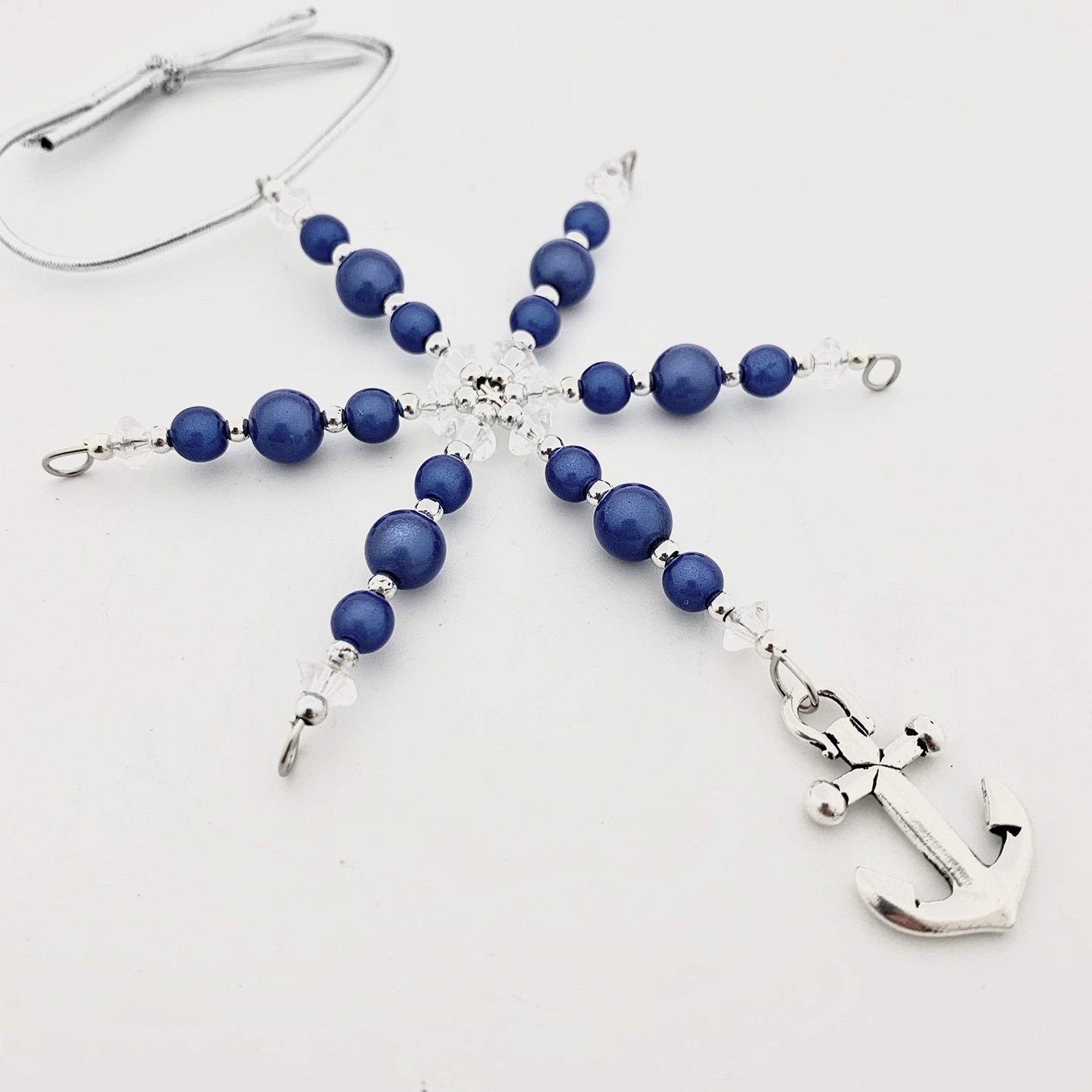 Beaded Snowflake Christmas Ornament Pewter Anchor Charm Blue Miracle Beads