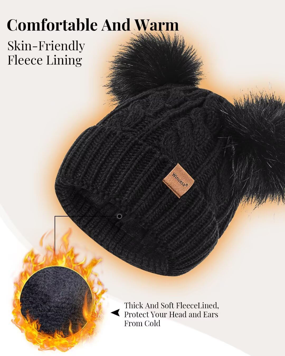 Winter Hat Scarf Glove Set for Women, Warm Fleece Lined Womens Beanie Hat with Double Pom Pom, Gloves with Touchscreen Fingers, Knit Scarf Neck Warmer, Xmas Gift Set for Cold Weather-Black