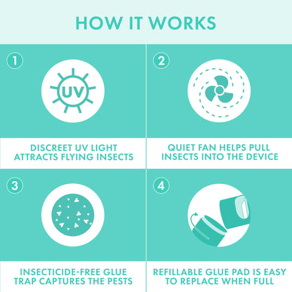 STEM Flying Insect Fan Trap for Indoor Bug Control, Attracts Mosquitoes, Fruit Flies, and House Flies, Plug-in Fan with UV Light, Starter Kit Includes 1 Device and 5 Glue Traps