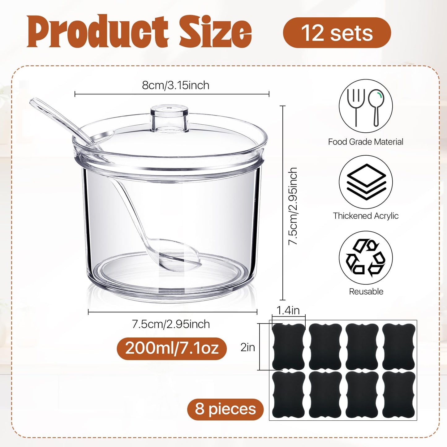 Akamino 12 Pcs Acrylic Sugar Bowl with Lid and Spoon,7.1 Oz Clear Condiment Storage Pot,Sugar Jar Spices Container for Home Kitchen,Coffee Bar,Restaurant
