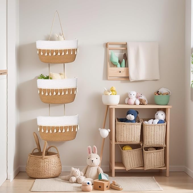Hanging Baskets for Organizing, 3-Tier Woven Cotton Wall-Mounted Storage