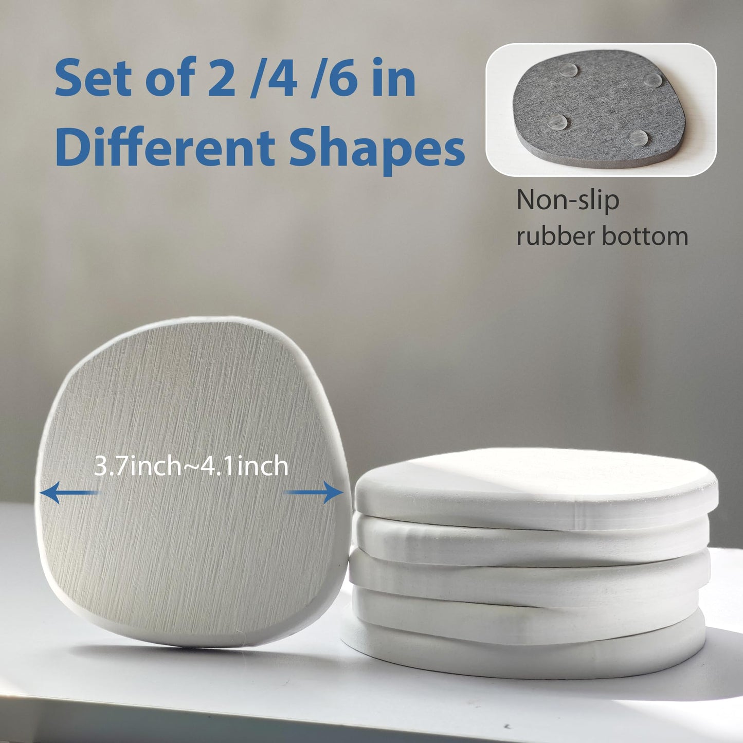 Diatomaceous Earth Coasters Set of 6 for Drinks, Moisture Water Absorbent Stone Coasters for Table Desk at Work, Water Absorbing Instant Drying Diatomite, Modern White