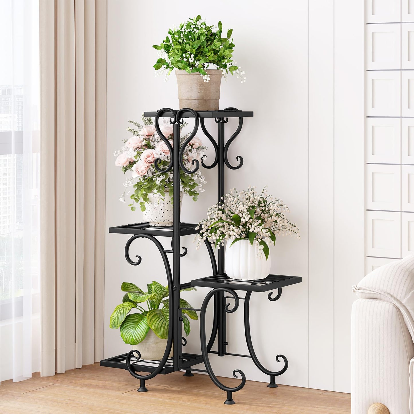 INGIORDAR Plant Stand Indoor Outdoor Shelf 4Tier Metal Holder Pot Rack Multiple Plants Stand Tall Flower Shelf Corner Living Room Garden,Black (Black, 4 Pots)