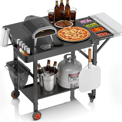 EUTRKei Pizza Oven Table with Topping Station - 45" x 29" Outdoor Grill Cart for Ooni, Ninja, Gozney, Solo Stove, Heavy Duty 450lbs Capacity, Grill Table with Extendable Desk for Tailgating Backyard