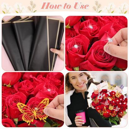 Tetutor 366 pcs Flower Bouquet Wrapping Paper,Waterproof Flower Floral Wrapping Paper Bouquet Sheets With Ribbons Pins 3D Butterflies and Crowns for Florist Wrap