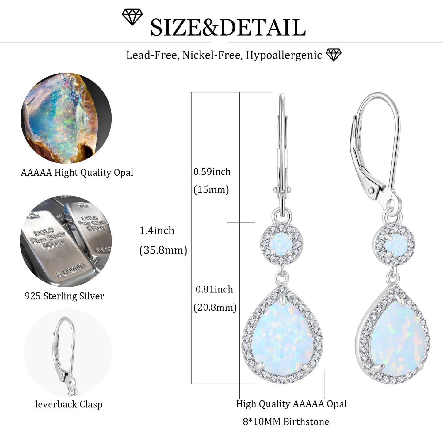 FYNSBLE White Opal Earrings for Women Sterling Silver Dangle Drop Leverback Earrings Hypoallergenic Jewelry for Women