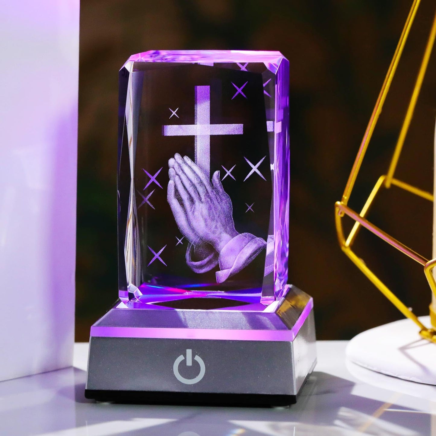YWHL 3D Crystal Cross Figurine with Colorful Light Base, Laser Engrave Praying Hands Religious Gifts for Women Man, Christian Gifts for Friend