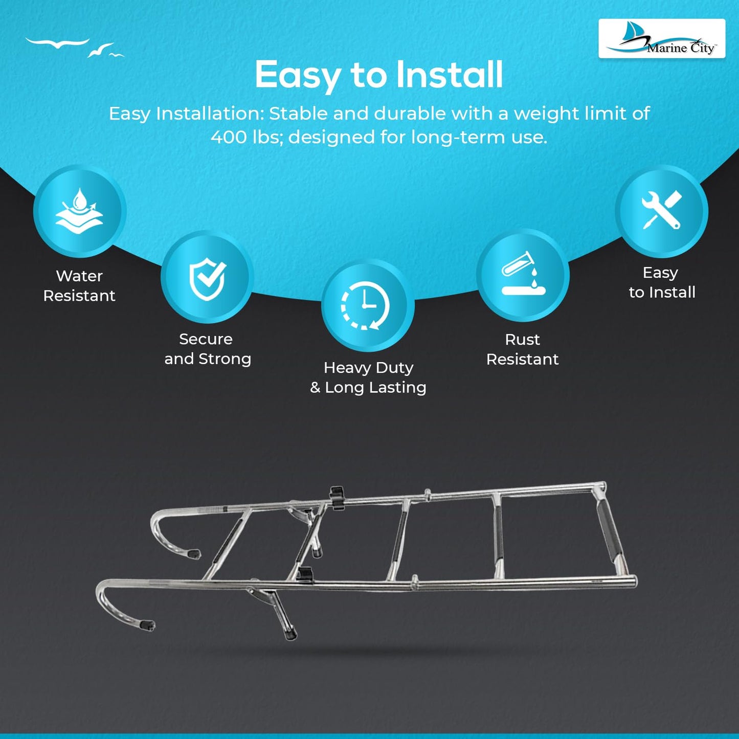 MARINE CITY 2+3 Step Telescoping Folding Ladder – 304 Grade Stainless Steel, 400 lb Capacity – Compact, Sturdy Design for Easy Installation on Boats, Pontoons, RVs, and Ships