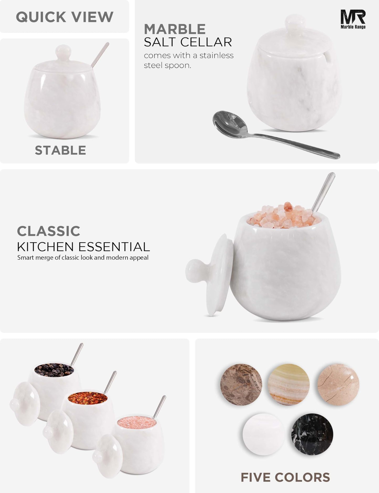 White Marble Salt Cellar – 3.5 Inch Salt Jar with Lid, Table Salt Container, Salt Dish, Salt Holder, Spice Jar, Sugar Bowl, Seasoning Container, Salt Dispenser for Kitchen Counter Decor