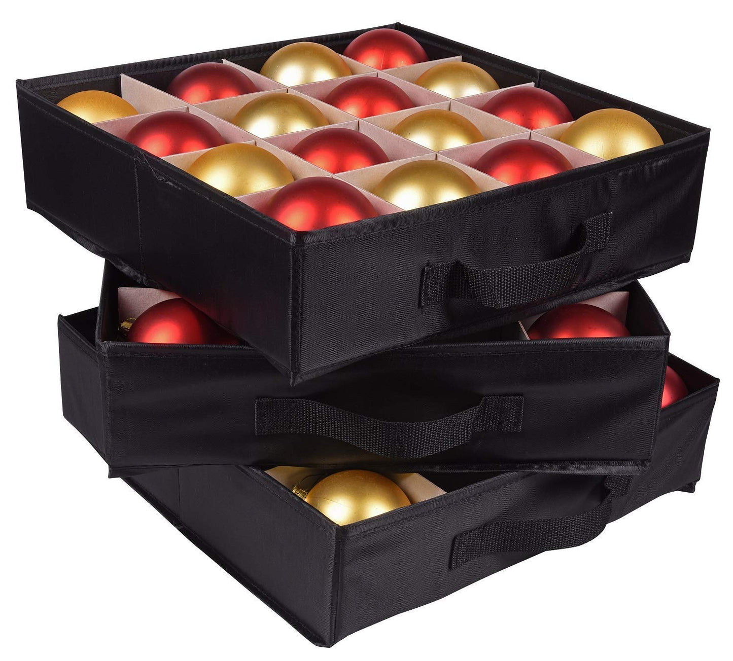 ProPik Christmas Ornament Storage Box, Organizer Holds Up to 48 Xmas Balls with 3 Separate Removable Trays, Container has Dividers to Organize Holiday Tree Ornaments (Red)