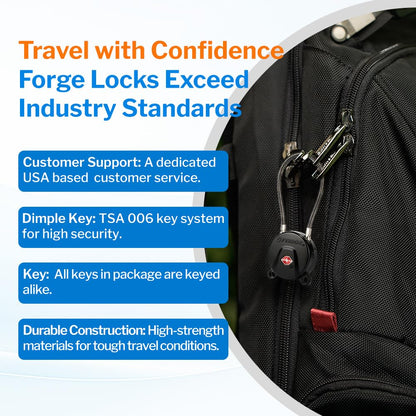 FORGE TSA Approved Luggage Locks Keyed Alike, TSA006 Dimple Key Travel Lock with Zinc Alloy Metal Body, Secure Cable Lock for Suitcase, Backpack, Luggage & Toolbox, Black 2 Pack.
