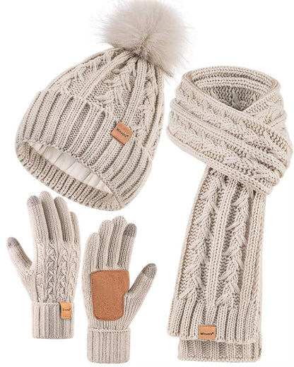 Womens Beanie Hat Scarf Gloves Set, Soft Fleece Lined Winter Hat with Pom Pom, Long Knit Scarf Neck Warmer Touchscreen Gloves for Cold Weather, 3 in 1 Warm Set Stocking Stuffers for Women(Oatmeal)
