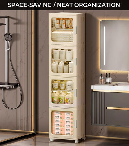 BUMODEL 4-Tier Tall Narrow Bathroom Storage Cabinet with Doors and Adjustable Shelves Slim Foldable Cabinets with Wheels Small Spaces Plastic Organizers for Kitchen Laundry Room Bedroom Pantry,Beige