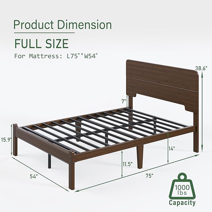 BOSRII 14in High Solid Bamboo Wood Platform Full Size Bed Frame