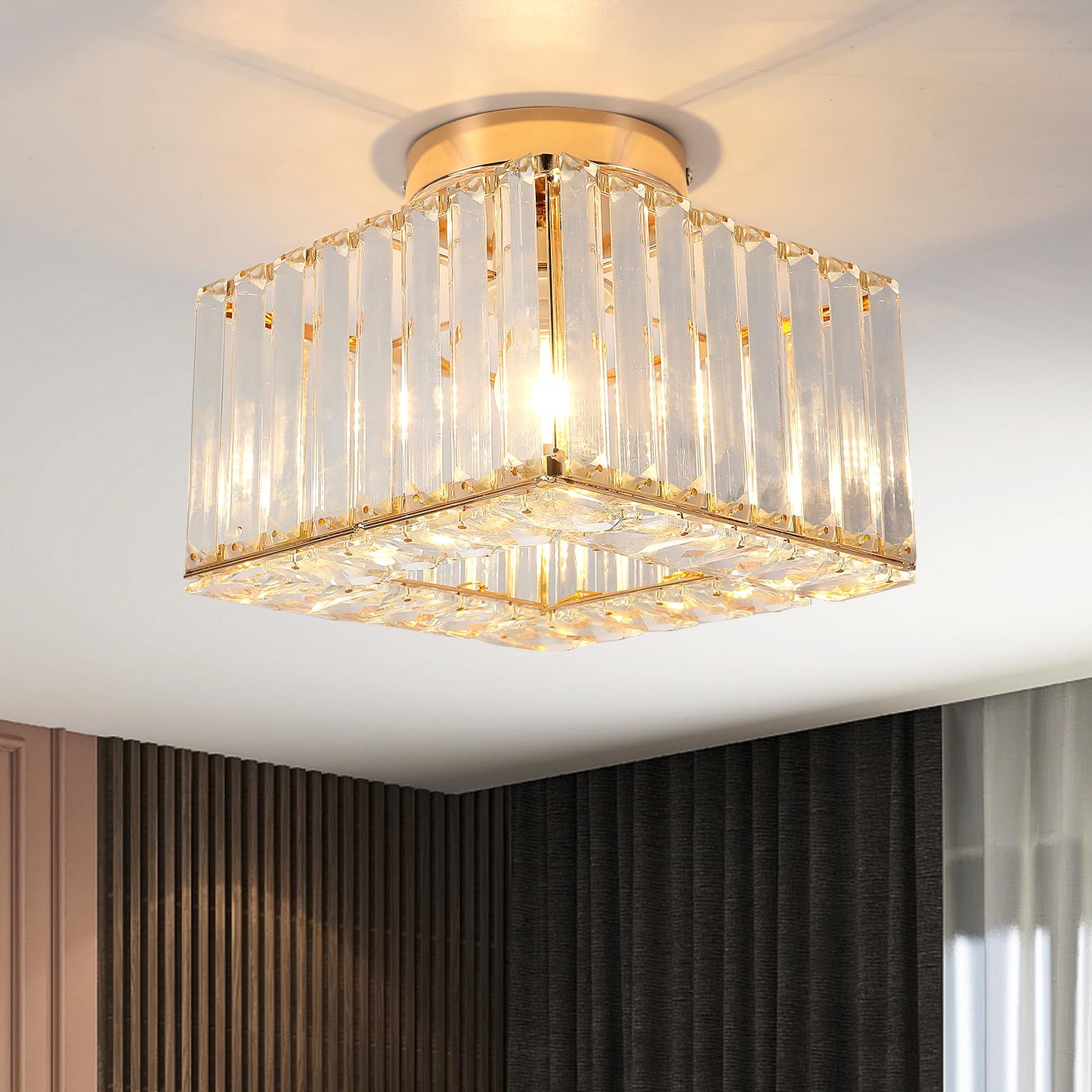 Kadomm Modern Crystal Ceiling Light Fixture, Semi Flush Mount Lighting Glod Finish LED with E26/27 Base for Bedroom, Entryway, Foyer, Hallway, Dining Room