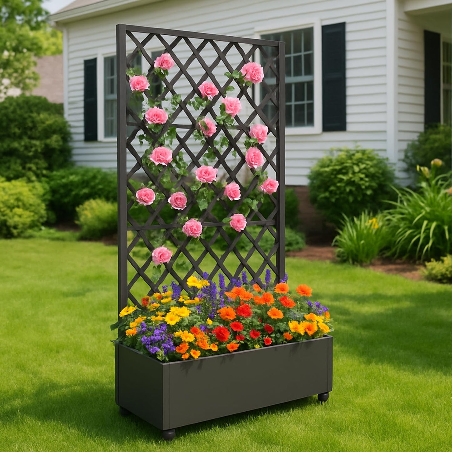 EcoSummer Metal Planter Box, with Diamond Lattice Trellis, 72"x35", Galvanized Raised Garden Bed on Wheels for Climbing Plants, Black
