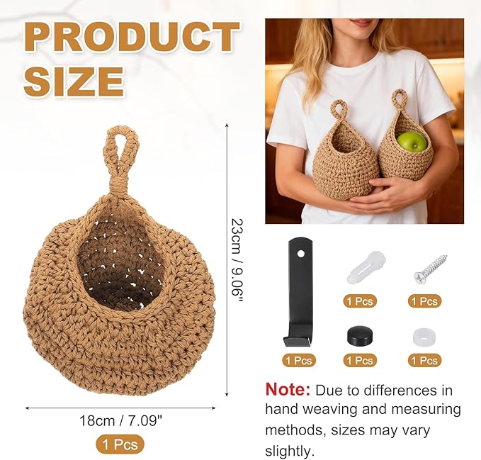 uxcell Hanging Fruit Baskets for Kitchen, Hand-Woven Wall Hanging Storage Jute