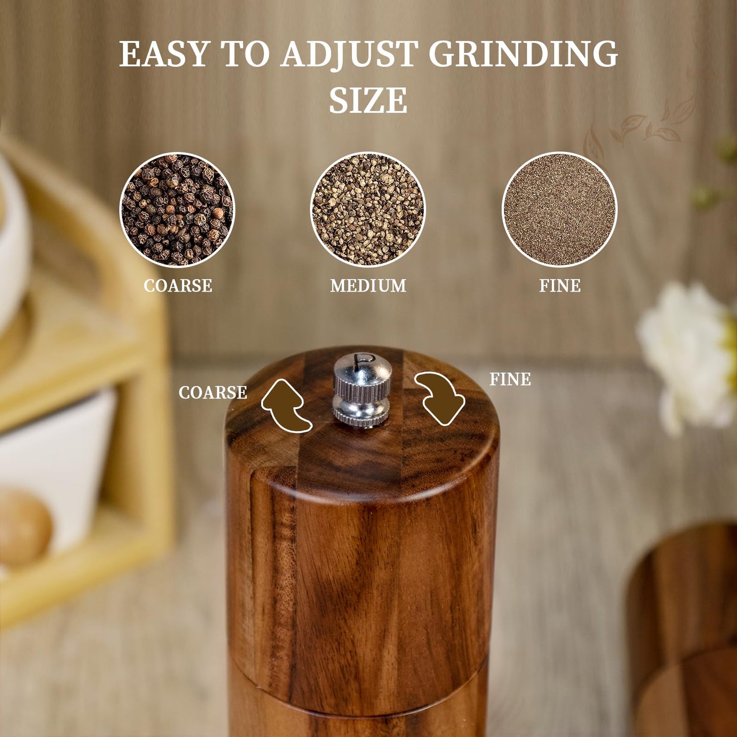 XWXO 2 Pack Acacia Wooden Salt and Pepper Grinder Set 8 Inches Refillable Salt and Pepper Mills Adjustable Coarseness, Acacia Wood with Ceramic Core Peppercorn Shaker Tableware Birthday Gifts