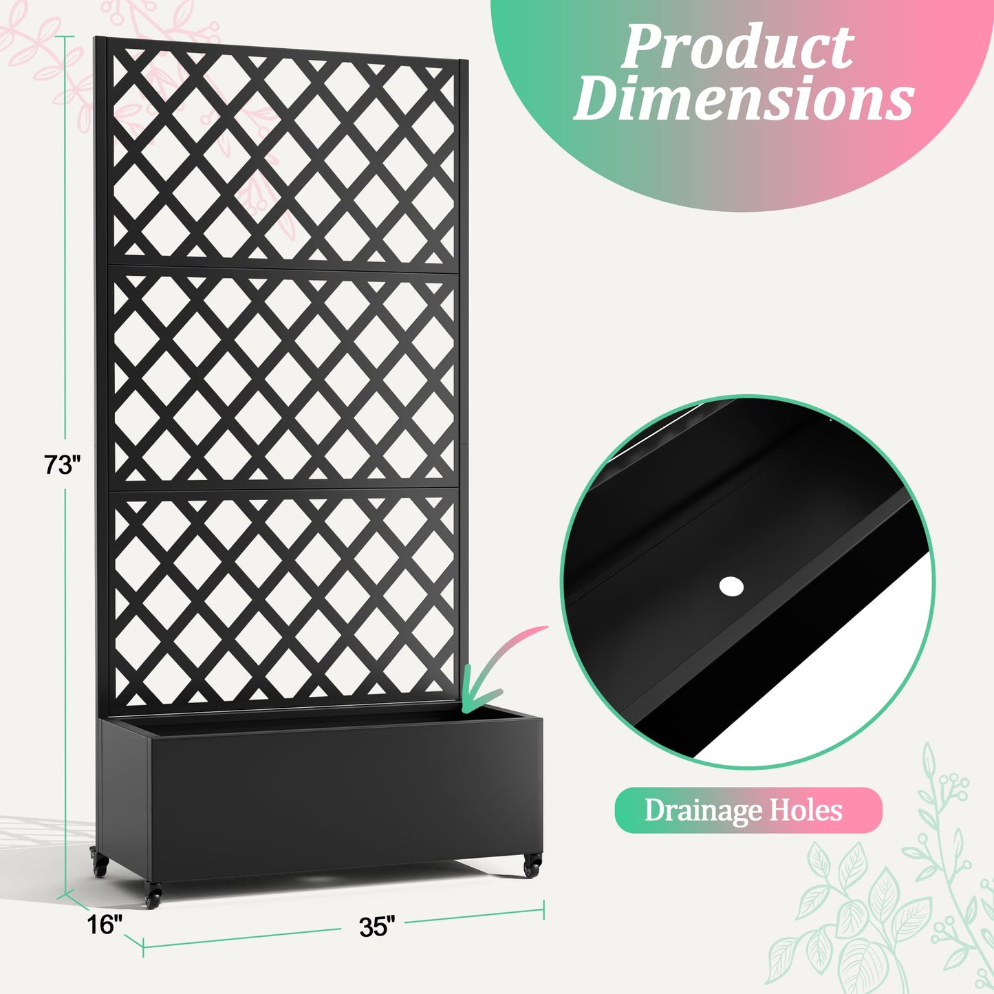 Metal Raised Garden Bed with Trellis for Climbing Plants, Vegetable, Vines,Metal Planter Box with Trellis 73"x35"x16",Trellis with Planter Box & Privacy Screen,Raised Garden Bed On Wheels(Black)