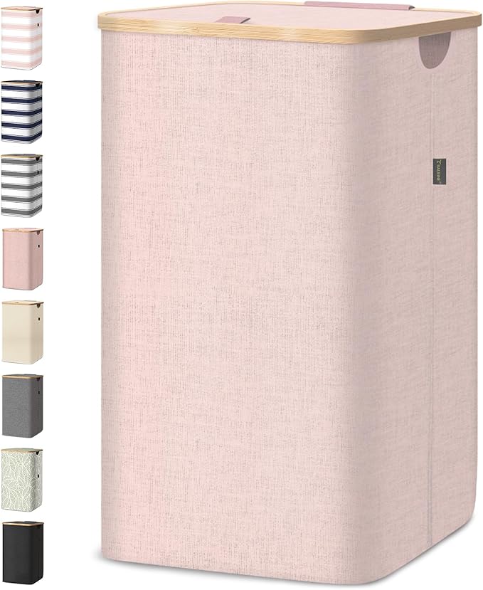 BALEINE Laundry Hamper with Lid, Tall Laundry Baskets with Bamboo Pull Handles