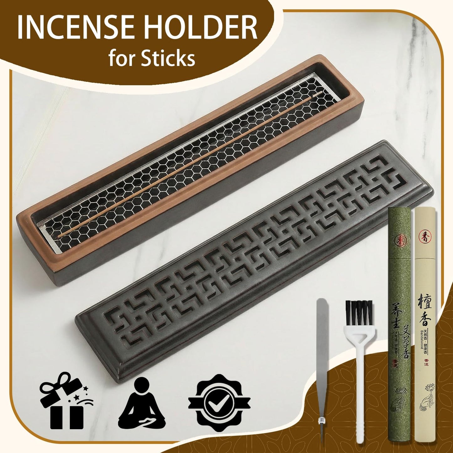 CEREMONY Incense Holder for Sticks, Ceramic Insence-Stick Holder Ash Catcher, Incense Holder Timkburner for Meditation Yoga Spa Room Incense Holder (Mesh-Brown)