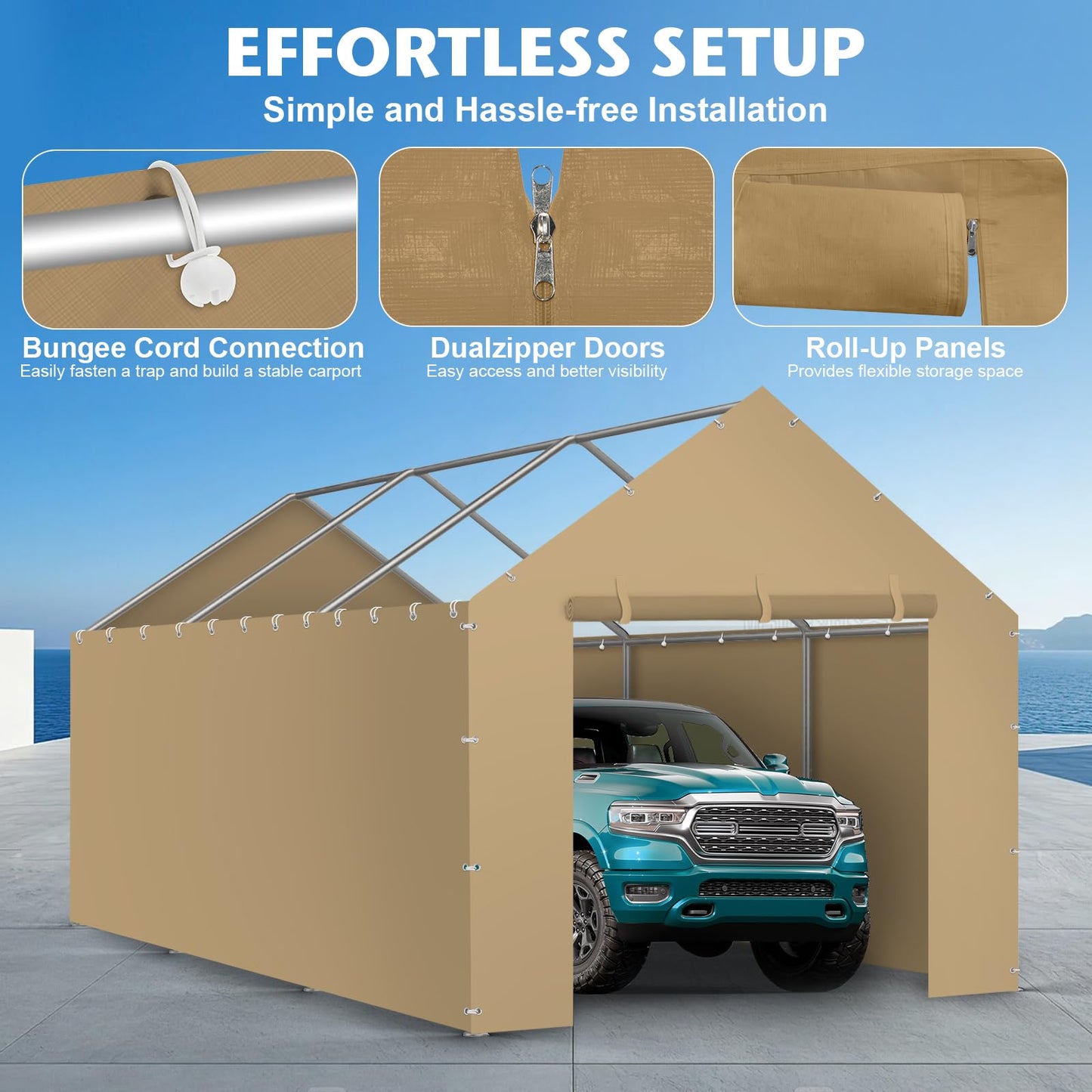 Carport Canopy Tent Sidewalls for 10x20x8.6FT Car Garage with Ball Bungees, Heavy Duty Portable Shelter Logic Replacement Covers (Frame is not Included) (Khaki)