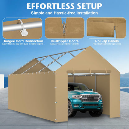 Carport Canopy Tent Sidewalls for 10x20x8.6FT Car Garage with Ball Bungees, Heavy Duty Portable Shelter Logic Replacement Covers (Frame is not Included) (Khaki)