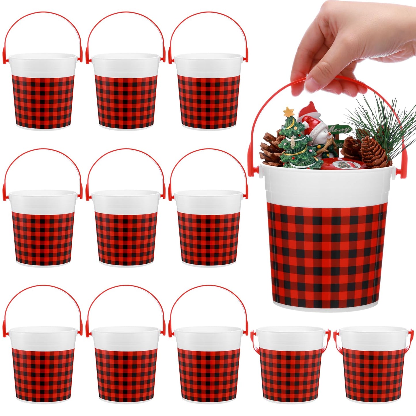Yiyiring 12 Pcs Christmas Plastic Bucket with Handle 4.69 x 3.78 x 4.8 Inch Treats Storage Pails 32 oz Red and Black Buffalo Plaid Candy Bucket for Xmas Winter Holidays Party Favors