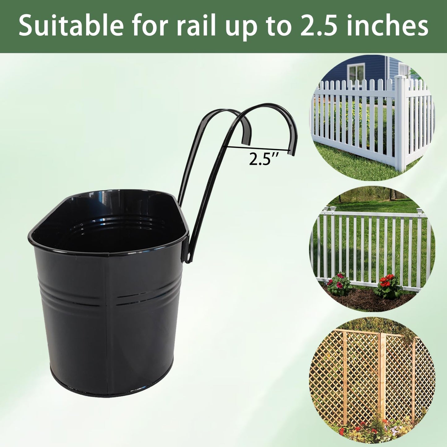 Joyfernal 2 Pack Metal Hanging Planter for Outdoor Plants, 10 Inch Black Fence Planters Railing Pots for Garden Patio Balcony Decor, Flower Bucket with Detachable Hooks (Black, 2Pcs)