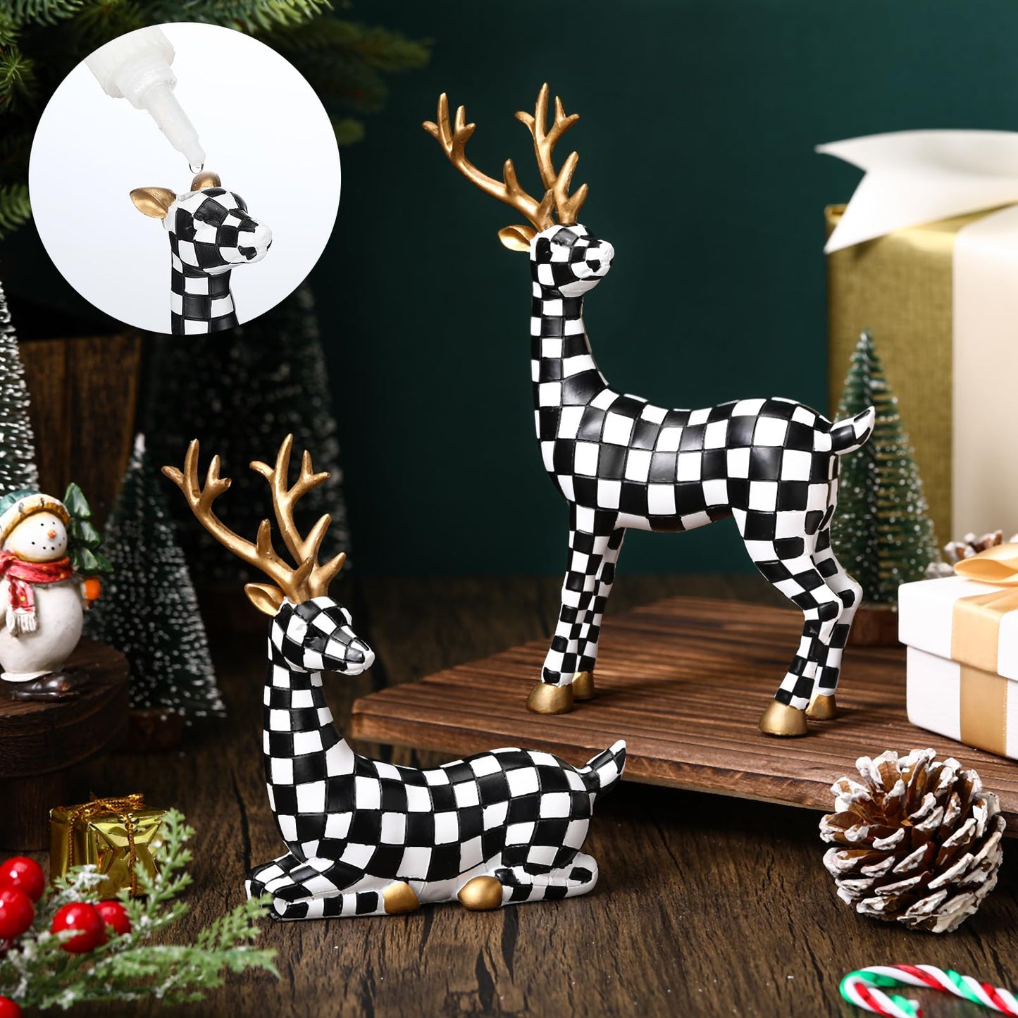 Yookeer 2 Pcs Christmas Reindeer Decoration Small Black and White Grid Deer Figurines Christmas Tabletop Reindeer Statue Centerpiece Ornaments for Mantel Fireplace Living Room Bedroom Decor