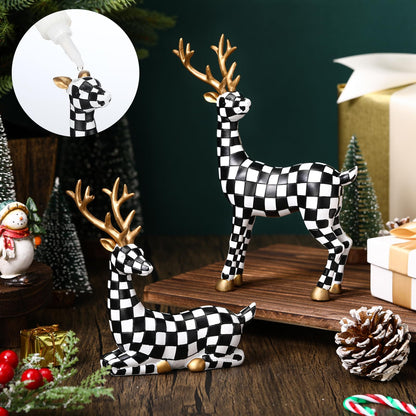 Yookeer 2 Pcs Christmas Reindeer Decoration Small Black and White Grid Deer Figurines Christmas Tabletop Reindeer Statue Centerpiece Ornaments for Mantel Fireplace Living Room Bedroom Decor
