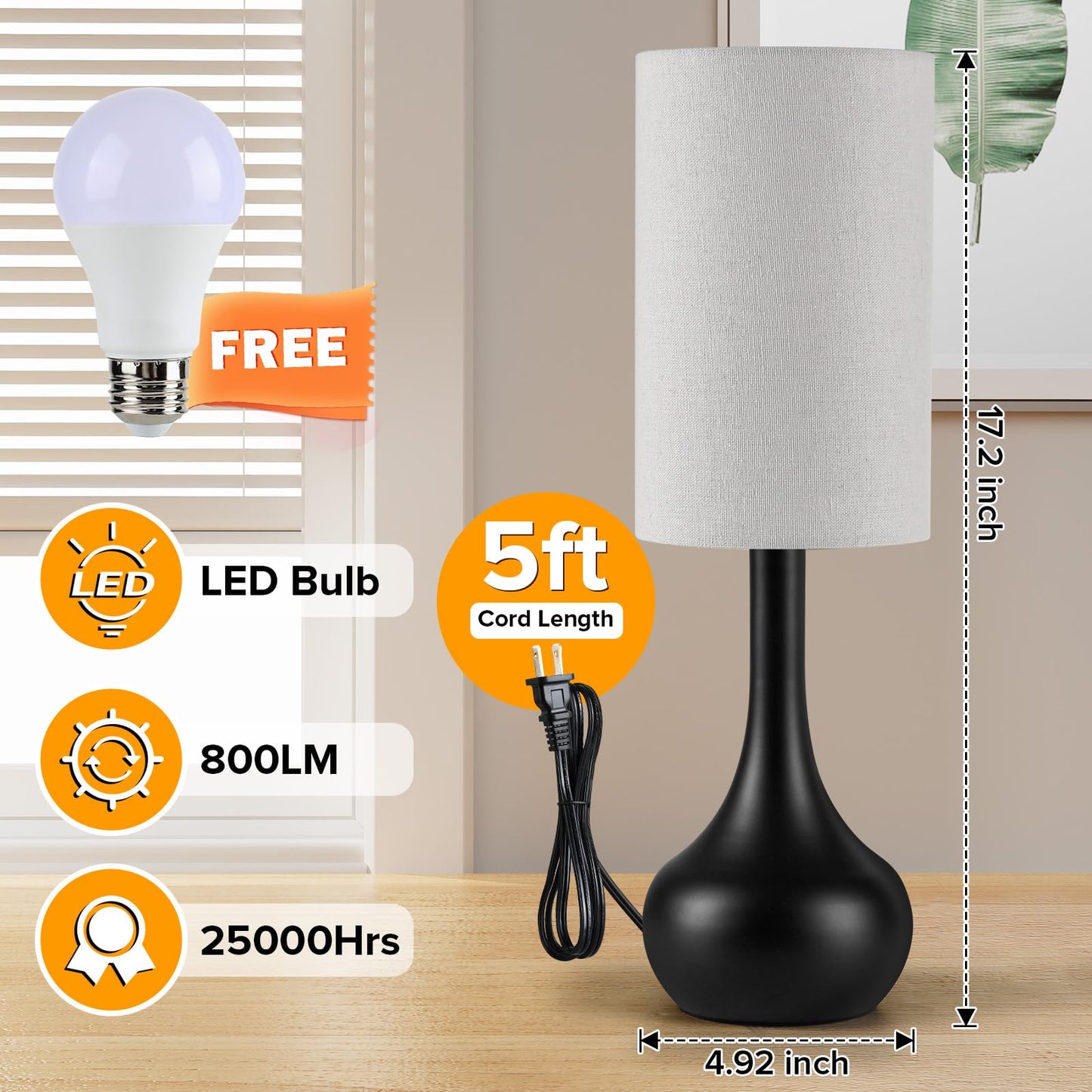 LEDIKON Touch Bedside Lamp for Nightstand,3-Way Dimmable,Space Saving & No Assembly Required, Upgraded Small Droplet Vintage Black Table Lamp for Bedroom, Living Room (2700K LED Bulb Included)